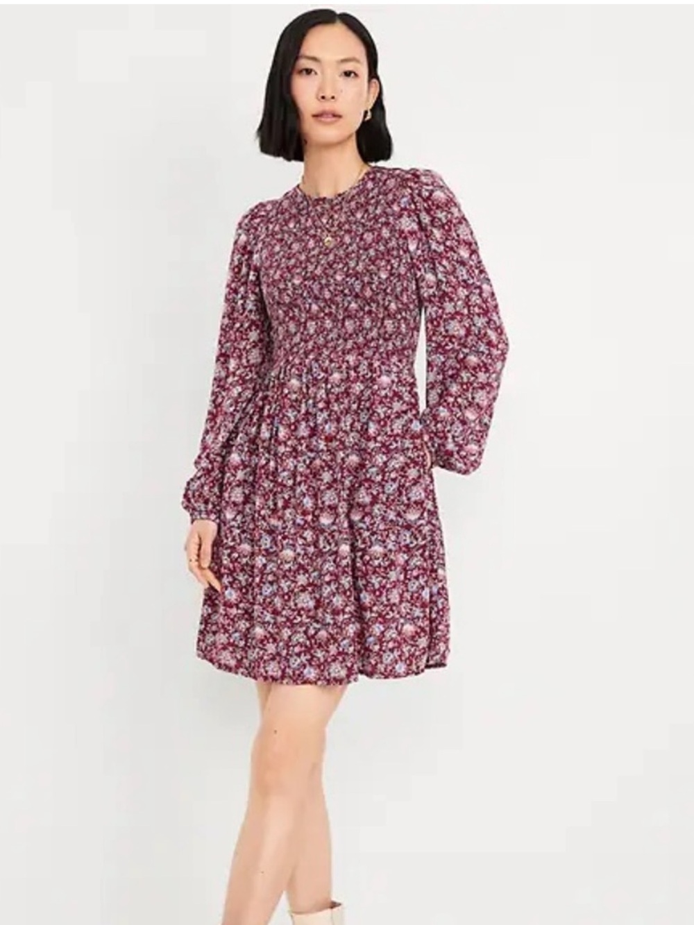 Old Navy Burgundy Floral Long-Sleeve Mini Dress